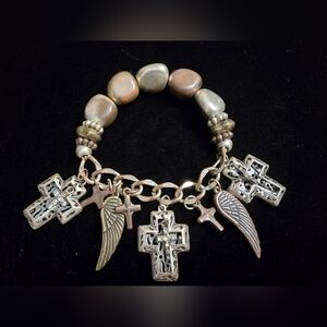 Vtg Religious Braclet Stretch Earth Tone Beads 8 Charm Cross Wings Brown Silver